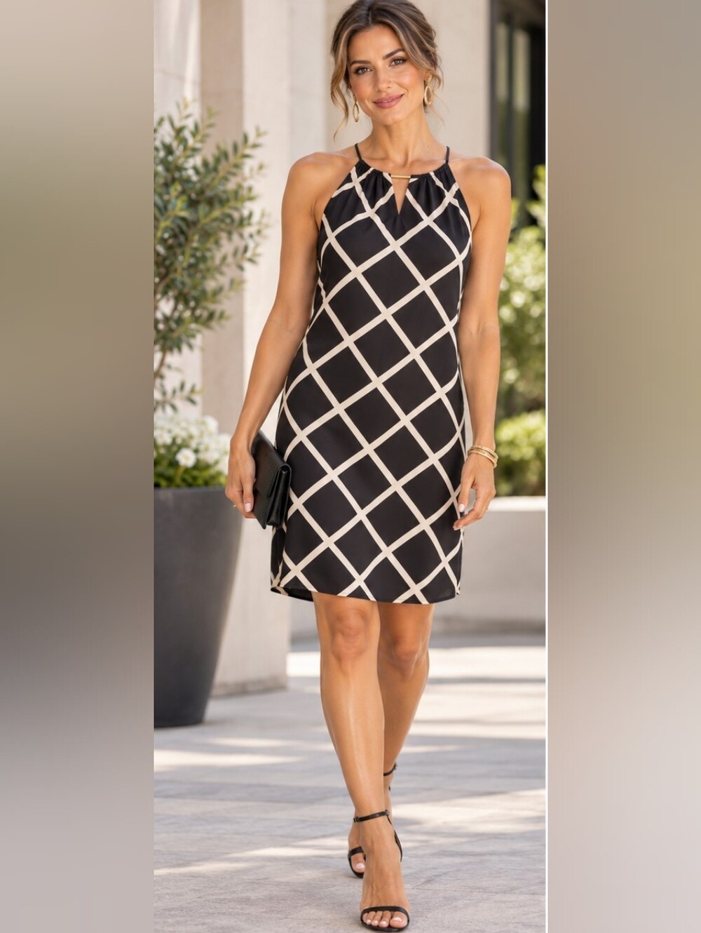 TAHARI | Black Cream Geometric Halter Shift Dress Gold Detail